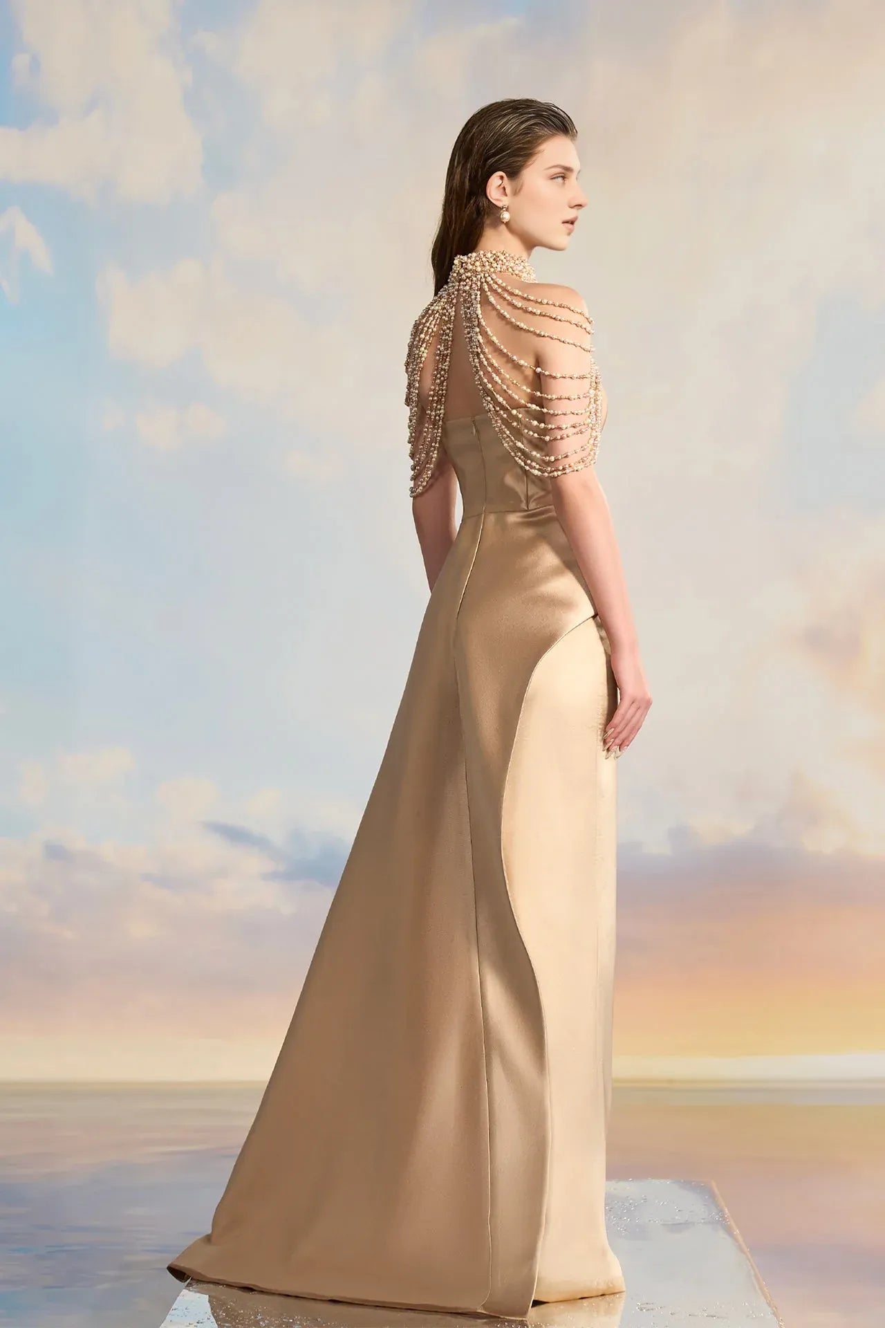 Tiendas de vestidos de fiesta Vestido de cuello alto sin adornos de perlas Falda hasta el suelo con hombros descubiertos y paneles laterales sueltos Vestido de fiesta Vestidos formales para mujer